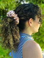 Picture of the Mocha colored scrunchie in the hair