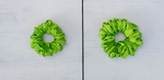 Picture showing the size difference between the Green Zoro petite scrunchie and the Zoro large scrunchie.