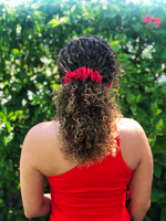 Picture of the Red scrunchie in the hair