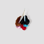 Picture of the side view of our skinny/extra small scrunchie pack. Colors shown are brown, pink, red, blue, and black. Some packs have a white scrunchie instead of either one of the aforementioned colors. Color combinations vary, and the item received will be random combination.